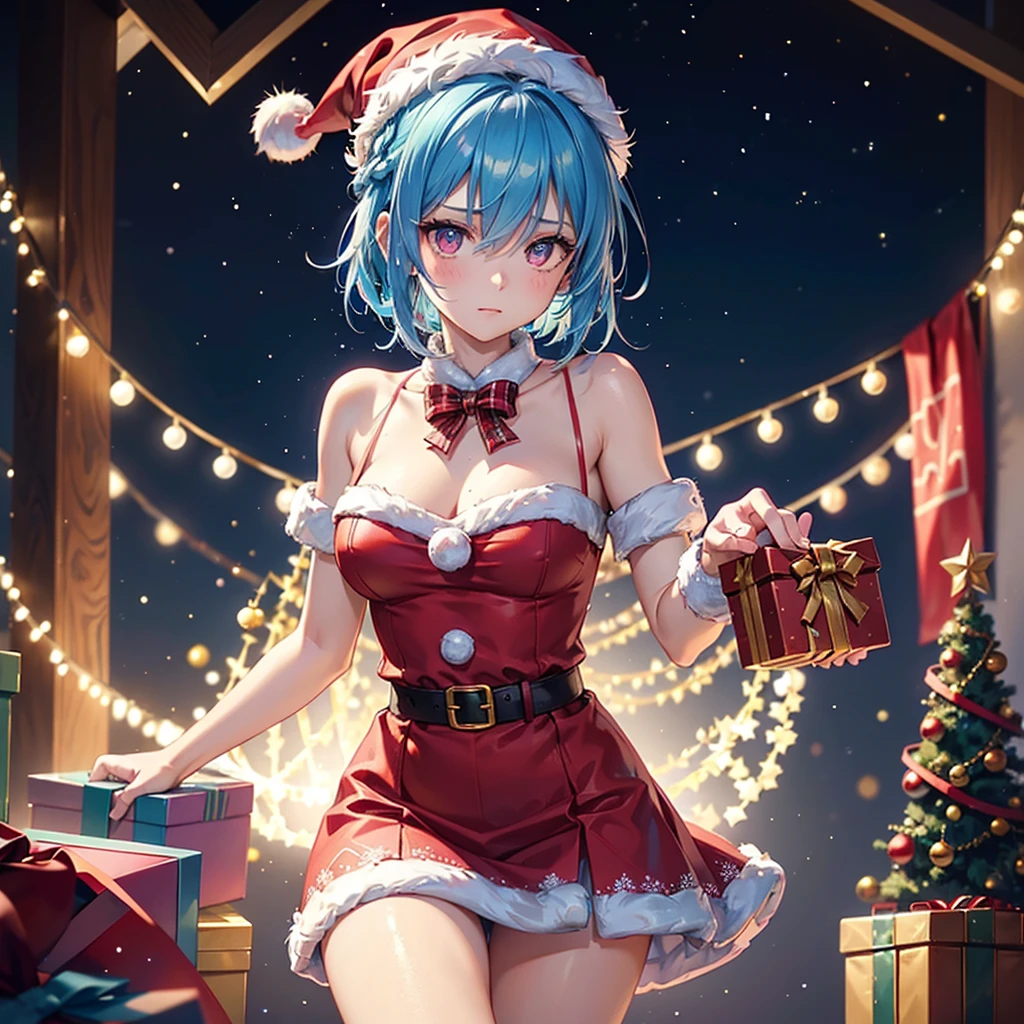 (Sky blue hair),(Braided short hair), (Pink Eyes),Fair skin) ,(whole body),(One Girl),(Gift boxes filling the background),(Santa Claus clothes),Santa Claus hat,(Christmas Party),(masterpiece, Highest quality, Very detailed, Best Shadow), (Detailed Background), (Beautifully detailed face), High Contrast, (Best lighting, Very delicate and beautiful), ((Cinematic Light)), Hyper Detail,8k, Dramatic Light, Intricate details,night,Christmas tree