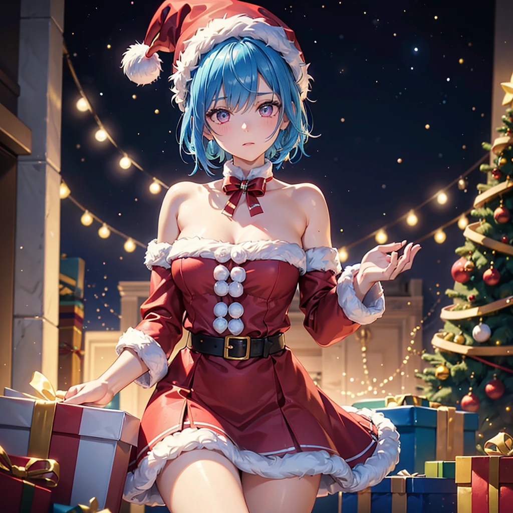 (Sky blue hair),(Braided short hair), (Pink Eyes),Fair skin) ,(whole body),(One Girl),(Gift boxes filling the background),(Santa Claus clothes),Santa Claus hat,(Christmas Party),(masterpiece, Highest quality, Very detailed, Best Shadow), (Detailed Background), (Beautifully detailed face), High Contrast, (Best lighting, Very delicate and beautiful), ((Cinematic Light)), Hyper Detail,8k, Dramatic Light, Intricate details,night,Christmas tree