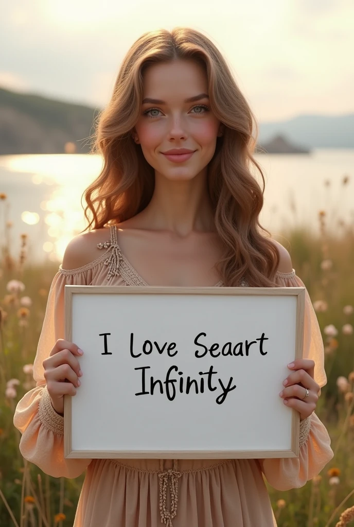 Beautiful girl with wavy long hair, bohemian dress, holding a white board with text "I Love Seaart Infinity" and showing it to the viewer