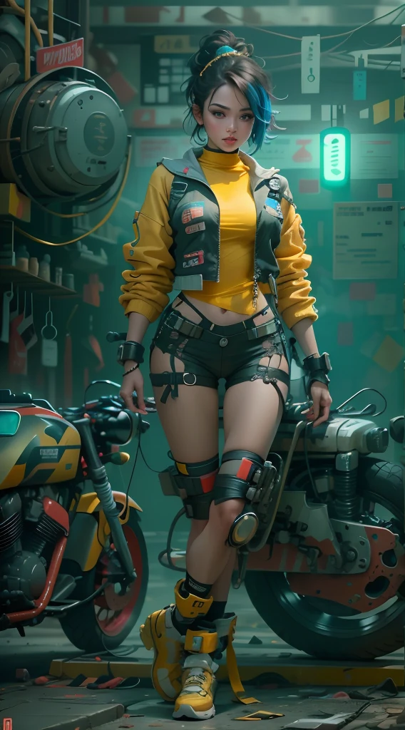 unreal engine:1.4,CG ultra realistic 64K, photorealistic:1.4, skin texture:1.4, masterpiece:1.4,posing behind Beautiful woman with babydoll lingerie、Short yellow cyberpunk style clothing, pantimedias red , Blue mini skirt,