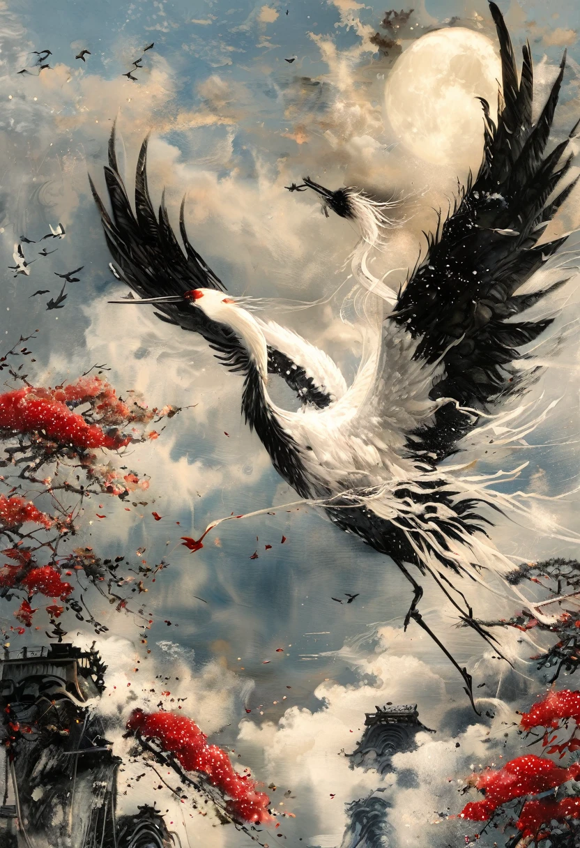 Ink, Crane, cloud, wing, I am, outdoors, feathered wing, sky, petal,oil paint
