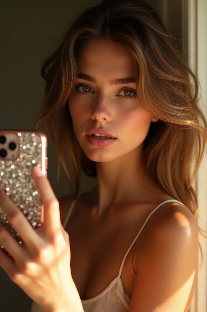 : A 23-year-old woman with flowing, brunette hair and sparkling hazel eyes snaps a mirror selfie in her bedroom. She is nude and a hint of a sun-kissed shoulder. Her makeup is natural, accentuating her rosy cheeks and full lips, and her phone case matches her outfit, adorned with shimmering crystals. Warm, golden light streams through the window, casting a soft glow on her features and creating a dreamy, ethereal atmosphere.