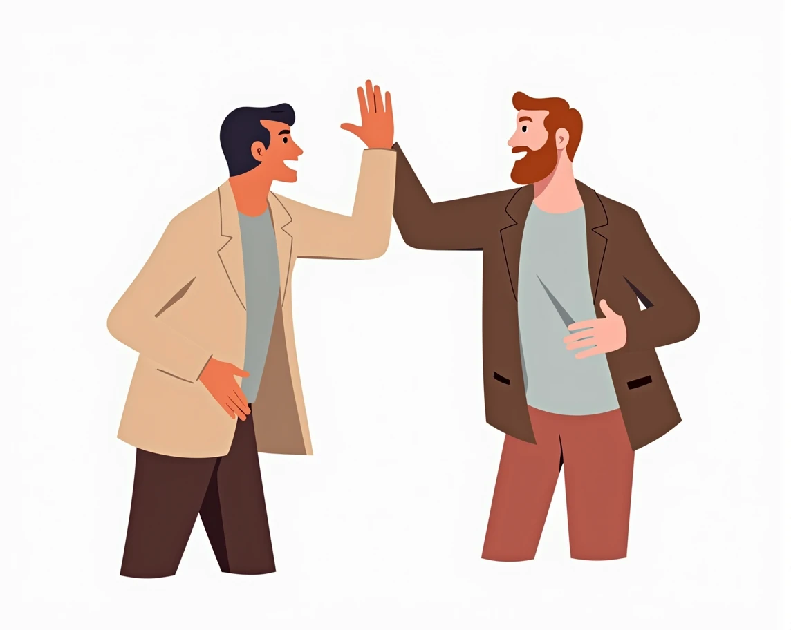 Happy people giving high five, celebrating achievement and success. Successful colleagues gesturing hi. Concept of partnership. Colored flat vector illustration isolated on white background