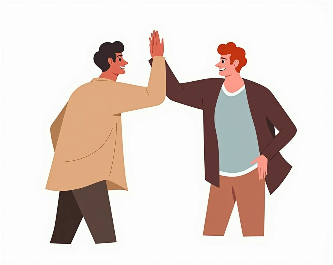 Happy people giving high five, celebrating achievement and success. Successful colleagues gesturing hi. Concept of partnership. Colored flat vector illustration isolated on white background