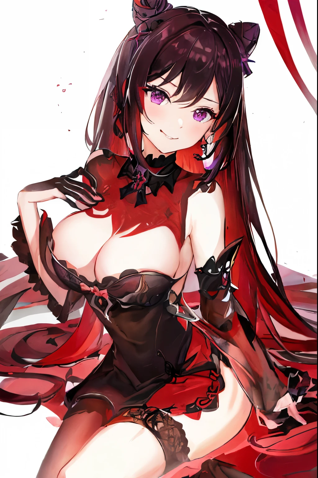 最OK质量, masterpiece, high resolution, Solitary, {Keqing_Genshin Impact:1.15}, long_hair, purple_hair, purple_Eye, hair_OK, cone_hair_OK, Double tail, Bangs, double_OK, breast, hair_decorexistion, blush, Weaving, mediexisting_breast, closure_Mouth, 1 girl, only_Shoulder, cleveage, look back_exist_audience, simple_background, Upper Body_Body, White_background, hair_between_Eye, Large target_breast, clavicle,(Wearing a long black lace dress),(Charming Smile),Smile,舔着Mouth唇,Wearing black stitching,红Eye