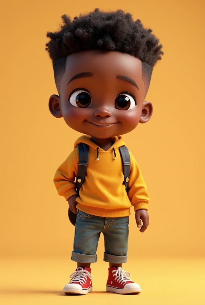 Highly detailed full body 3D animation image of a seven year African American boy facing the camera. Plain background. Disney, Pixar like