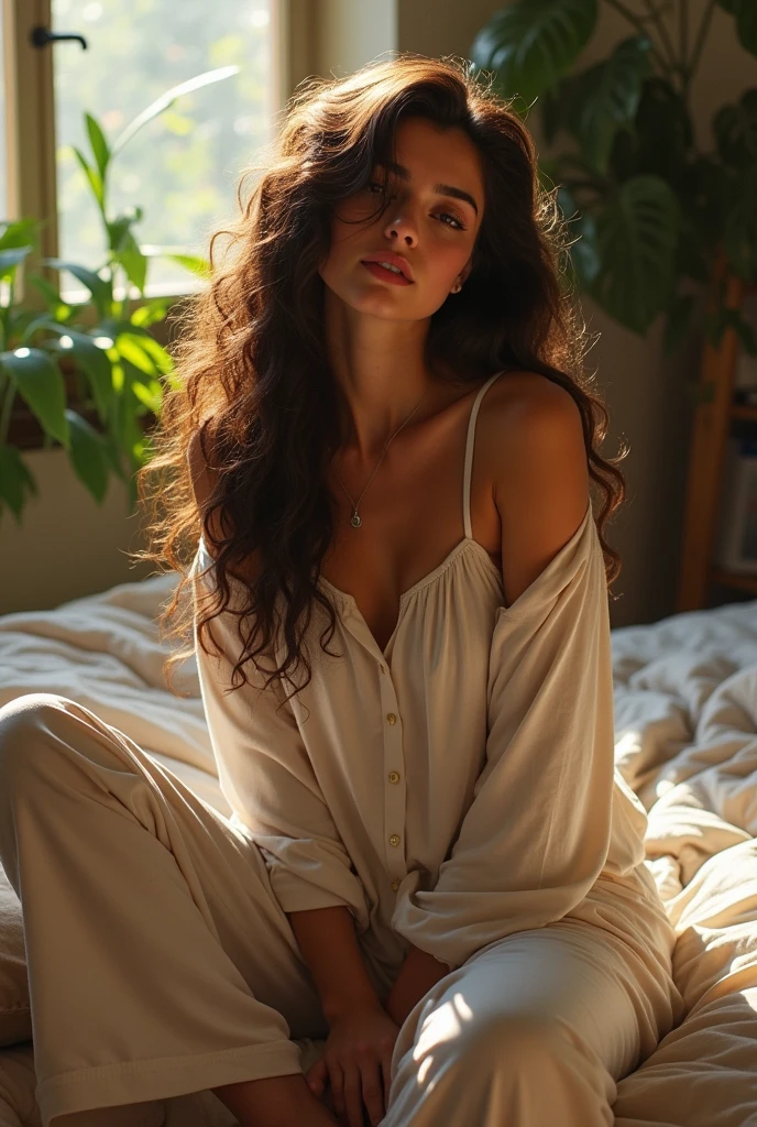 (photorealism:1.2), beautiful woman, sitting on bed, wearing loose off-shoulder top, pajama pants, long curly hair, indoors, soft lighting, plants in background, window with sunlight, cozy room, relaxed pose, realistic, intricate details, warm colors, by Greg Rutkowski, by Alphonse Mucha
