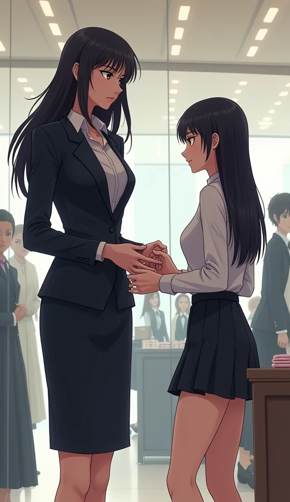 ((一个长发女性)),商场里,购物,黑直发,女士西服,((冷漠的表情)),日本漫画风格,将手中包抵给柜台穿着短裙的女店员
