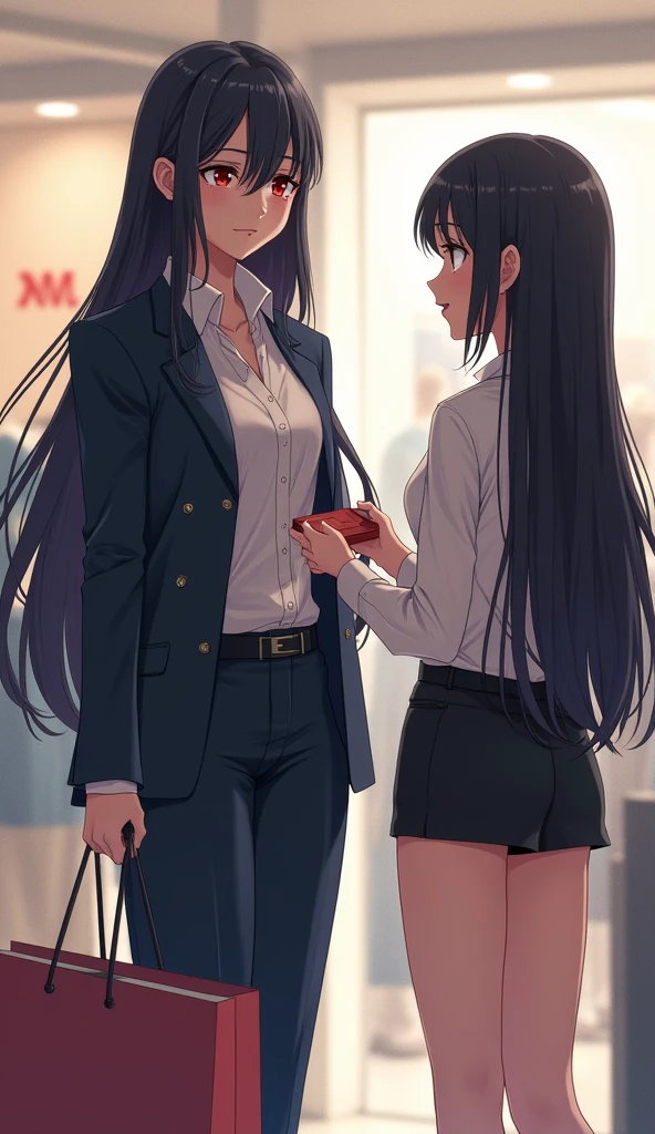 ((一个长发女性)),商场里,购物,黑直发,女士西服,((冷漠的表情)),日本漫画风格,将手中包抵给柜台穿着短裙的女店员