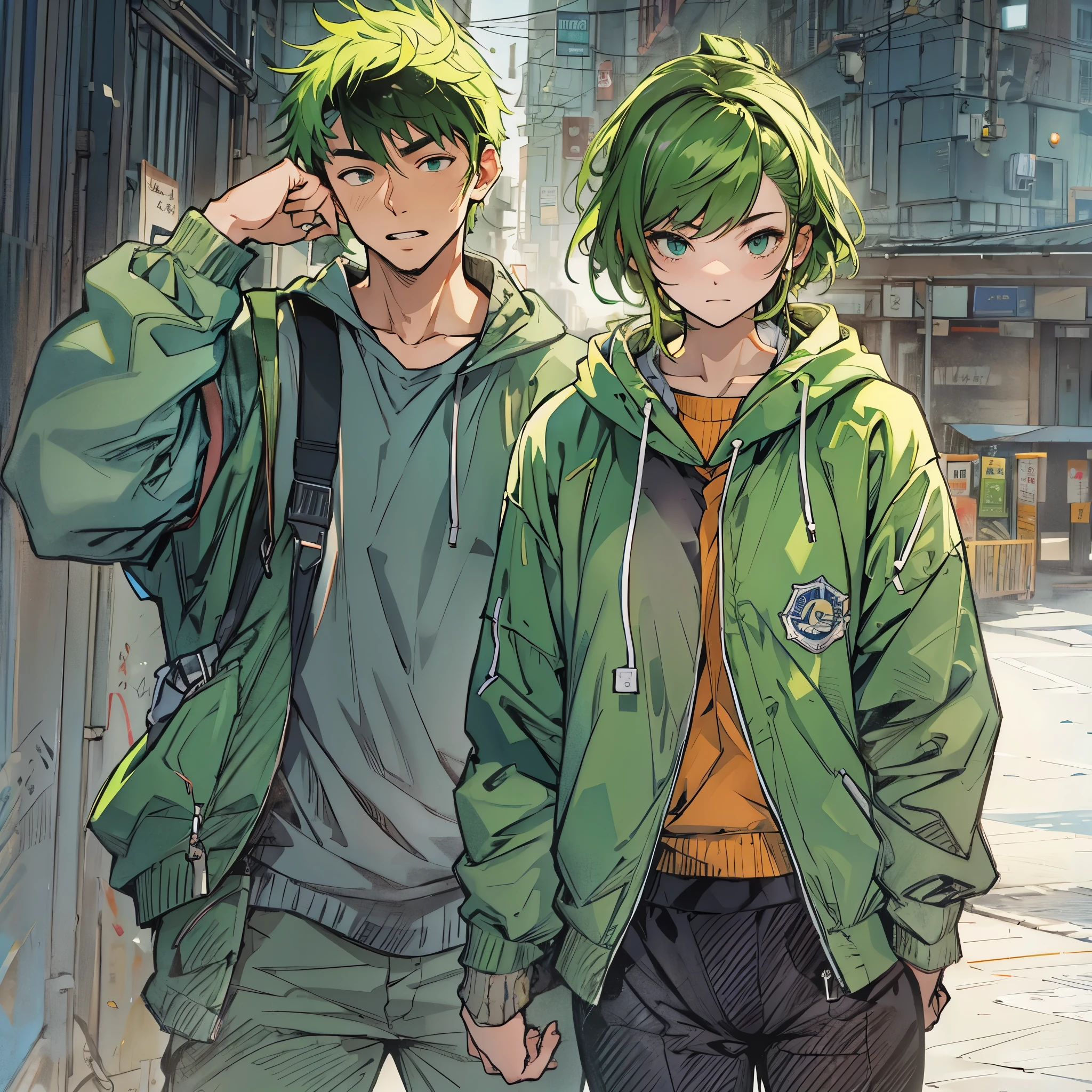 MBTIの提唱者をイメージして、照れながら怒っている緑色の服を着た男性と女性。優しい雰囲気にして。