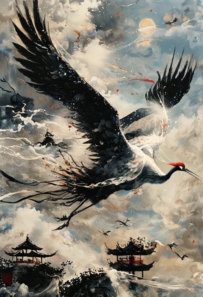 Ink, Crane, cloud, wing, I am, outdoors, feathered wing, sky, petal,oil paint