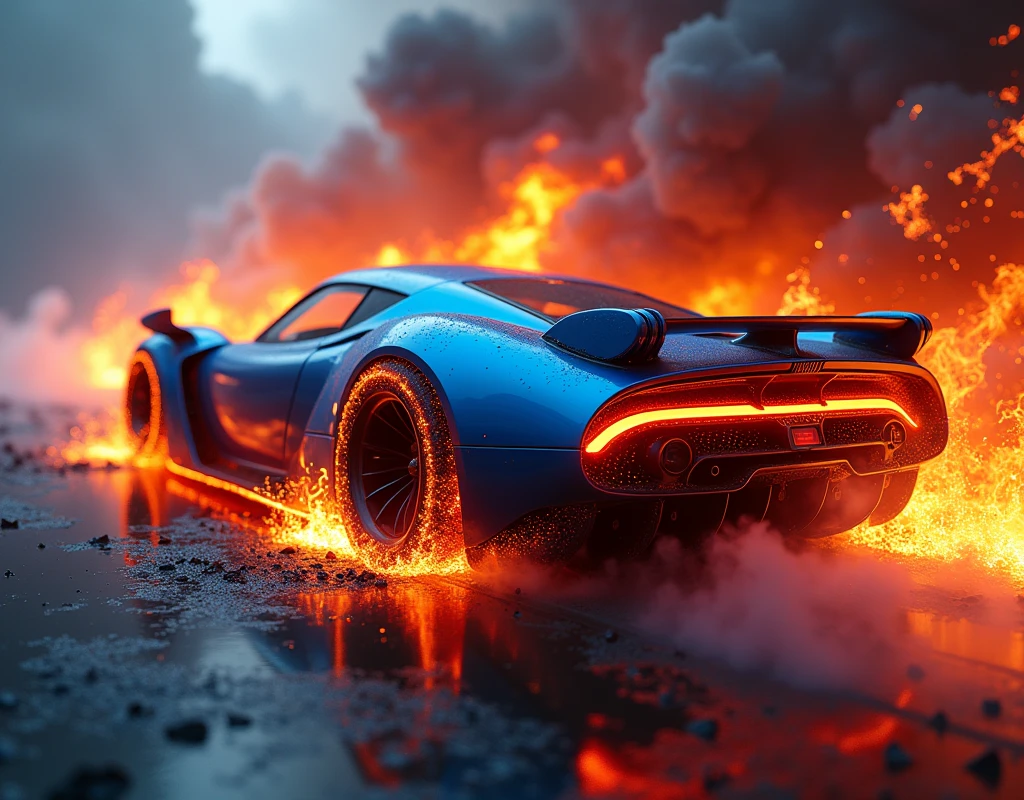 a (((hyper-realistic))), (((32k UHD masterpiece in the style of a cinematic art piece))). The focal point is a futuristic "race car muscle beetle" shown at a dynamic angle, engulfed in flames. The level of (detail is extraordinary), capturing the intricacies of the car's rear with bold textures and vibrant, contrasting colors. Predominantly blue and red hues dominate the composition, emphasizing the blazing car as the centerpiece. The fire is depicted with a mix of grays and purples, creating a dramatic and intense atmosphere. The smoke billows in all directions, adding a surreal element to the scene. The image, with an aspect ratio of 16:9, fills the screen, immersing the viewer in the cinematic experience. This hyper-realistic artwork draws inspiration from artists like Jackson Pollock, known for his dynamic "action painting" technique, and Salvador Dali, with his dreamlike, surreal images. The overall composition explores themes of speed, action, and transformation. The addition of film grain, sharp details, and a ((raw style reminiscent of Fujifilm XT3 35mm f4)) contributes to the ((studio art)) feel, creating a visually stunning representation of a (burning racing car).