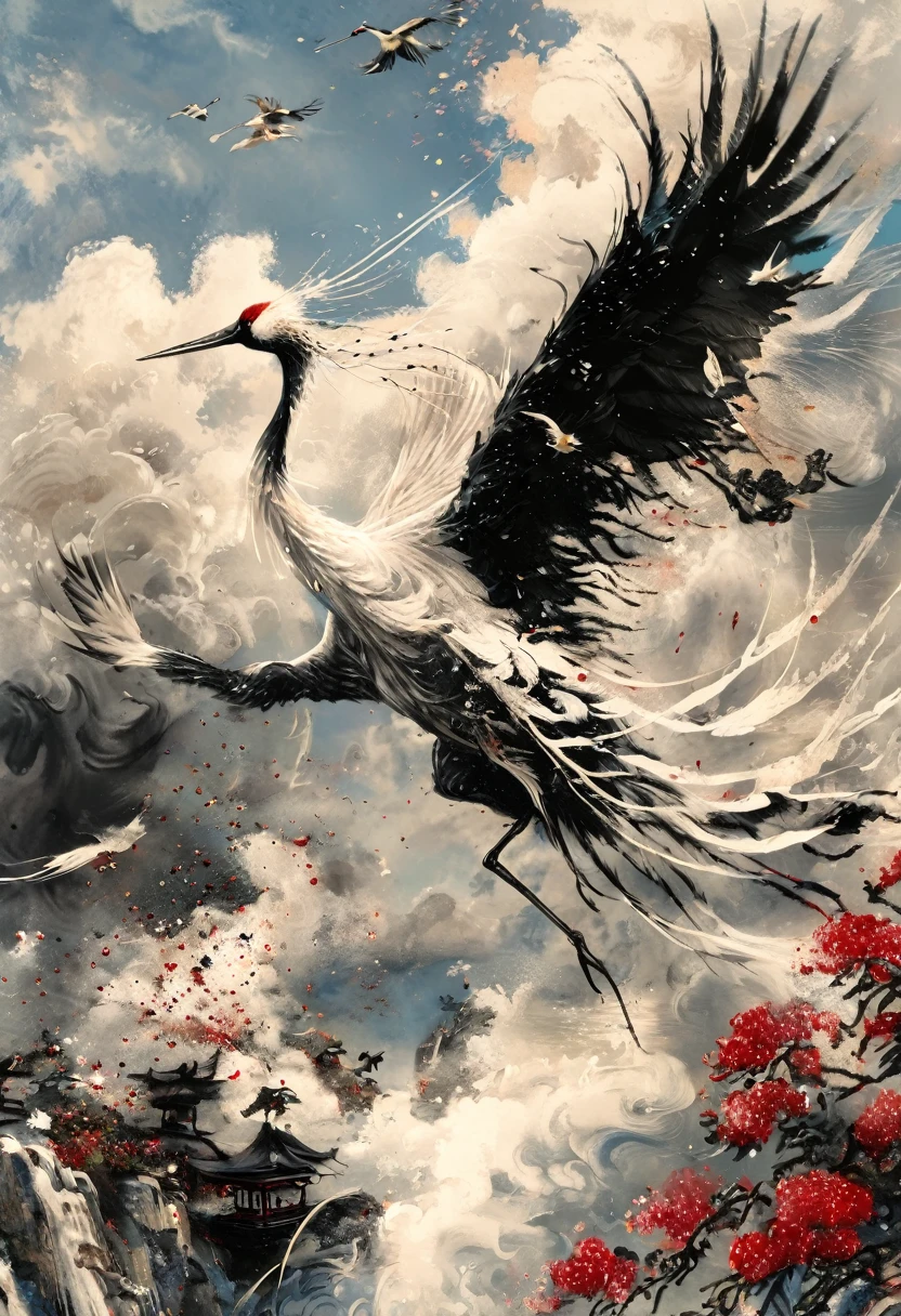 Ink, Crane, cloud, wing, I am, outdoors, feathered wing, sky, petal,oil paint