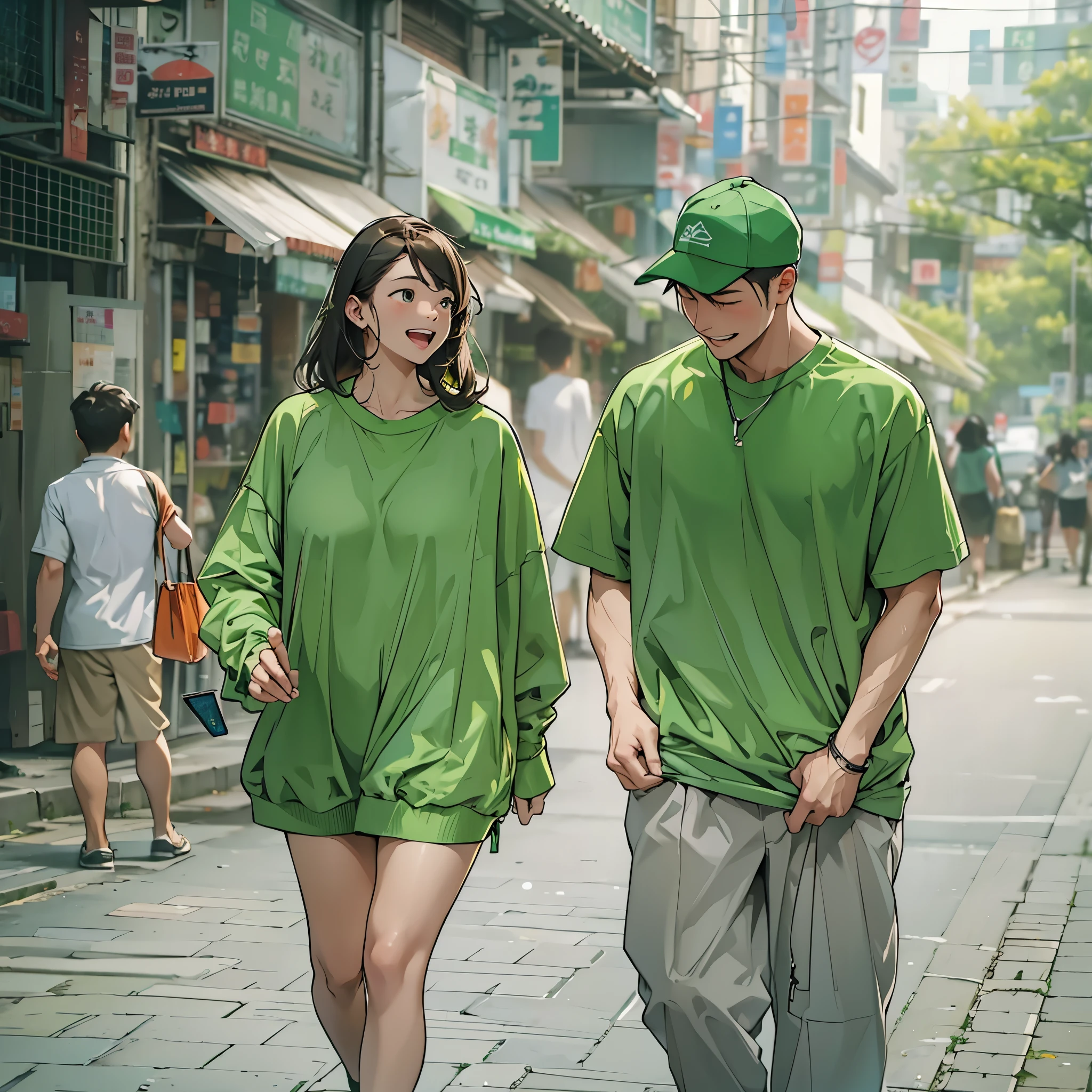 Inspired by the proponent of MBTI、A man and woman in green clothes who are embarrassed but happy。In a gentle atmosphere。