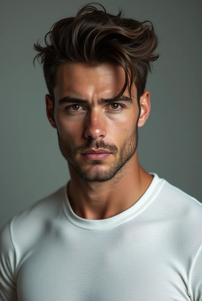 Finnish man 22 years old,slightly tanned skin,tall,muscular,sharp & intense dark brown eyes,messy hair wind- swept manner,strong jawline and high cheekbones,brows sharp angular,nose bit on the larger side not too big but also have soft and gentle features really perfect for a brooding look wear fit white shirt no beard,gymrat