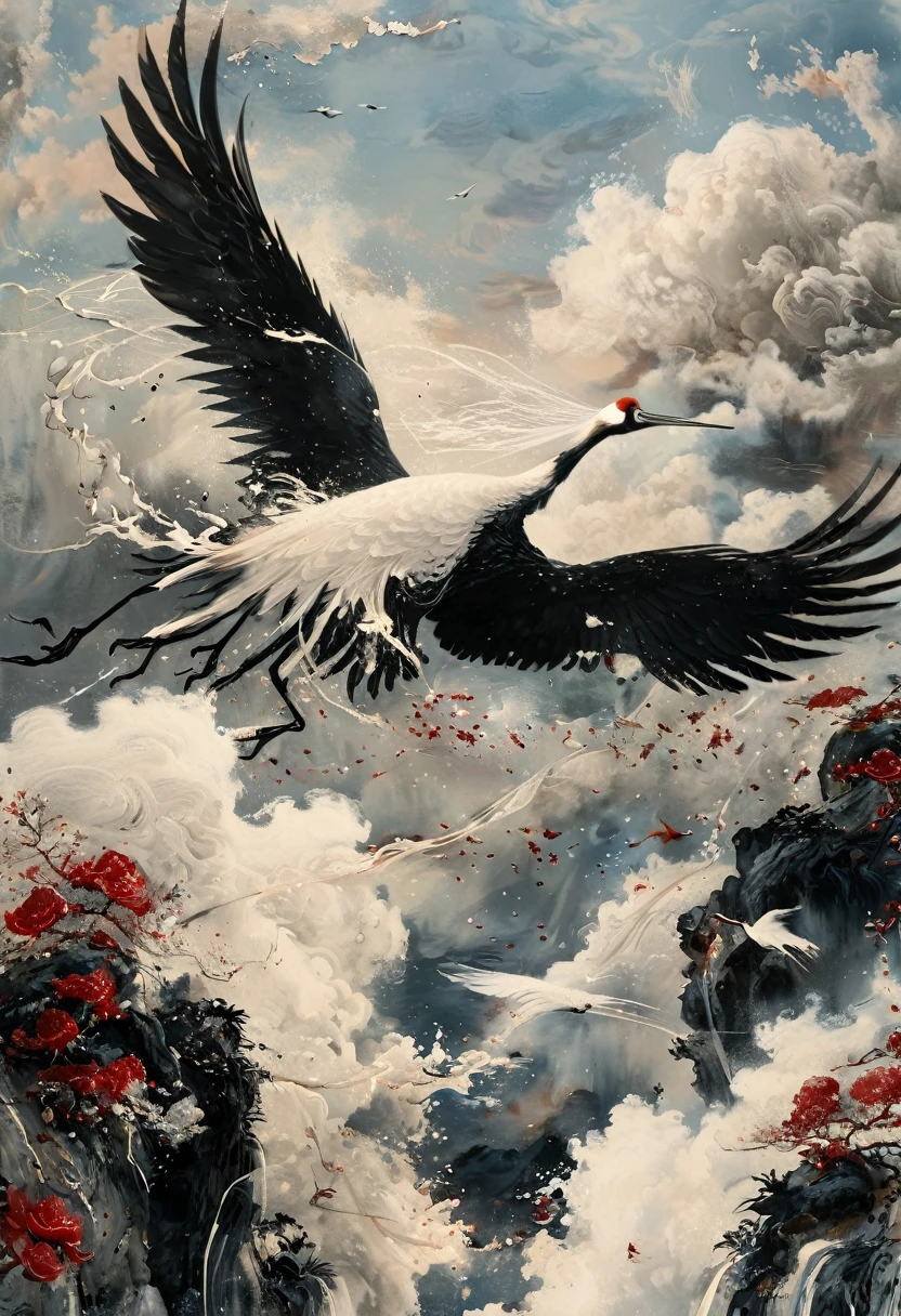 Ink, Crane, cloud, wing, I am, outdoors, feathered wing, sky, petal,oil paint