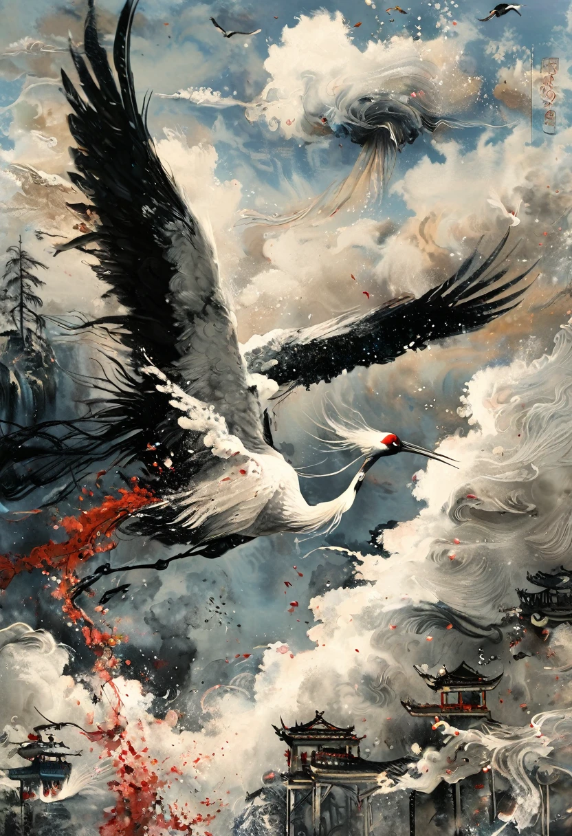 Ink, Crane, cloud, wing, I am, outdoors, feathered wing, sky, petal,oil paint