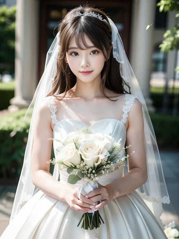 Photo-realistic quality、a woman in a Wedding dress holding a bouquet of flowers、Standing in front of the church、20 year old Japanese model、白のWedding dress,Hanae Mori style wedding dress、Japan idols at 20 years old、lace prom dresses、looking at the camera、Detailed and beautiful eyes、Cute smile、Relaxed and gentle expression、a close up of a woman in a Wedding dress holding a bouquet, Wedding dress, So magical and dreamy、Blur the background a lot、300mm F2.Shot with 8 lenses