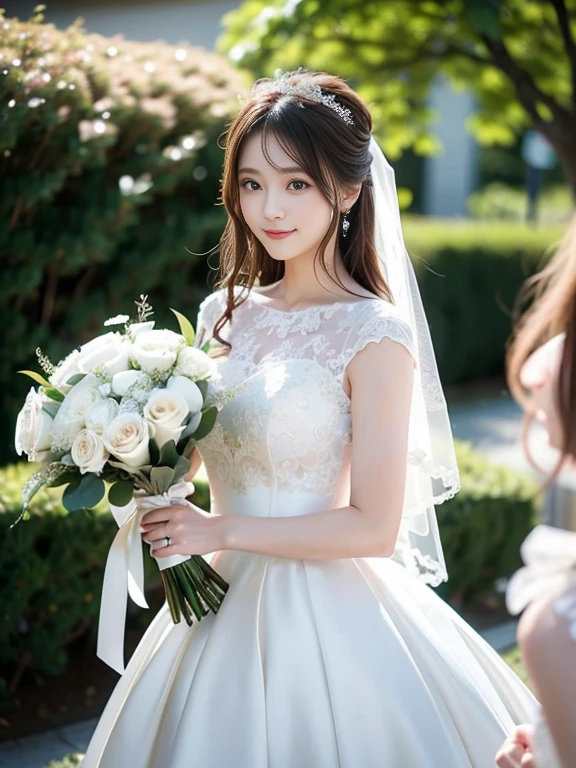 Photo-realistic quality、a woman in a Wedding dress holding a bouquet of flowers、Standing in front of the church、20 year old Japanese model、白のWedding dress,Hanae Mori style wedding dress、Japan idols at 20 years old、lace prom dresses、looking at the camera、Detailed and beautiful eyes、Cute smile、Relaxed and gentle expression、a close up of a woman in a Wedding dress holding a bouquet, Wedding dress, So magical and dreamy、Blur the background a lot、300ｍｍ F2.Shot with 8 lenses