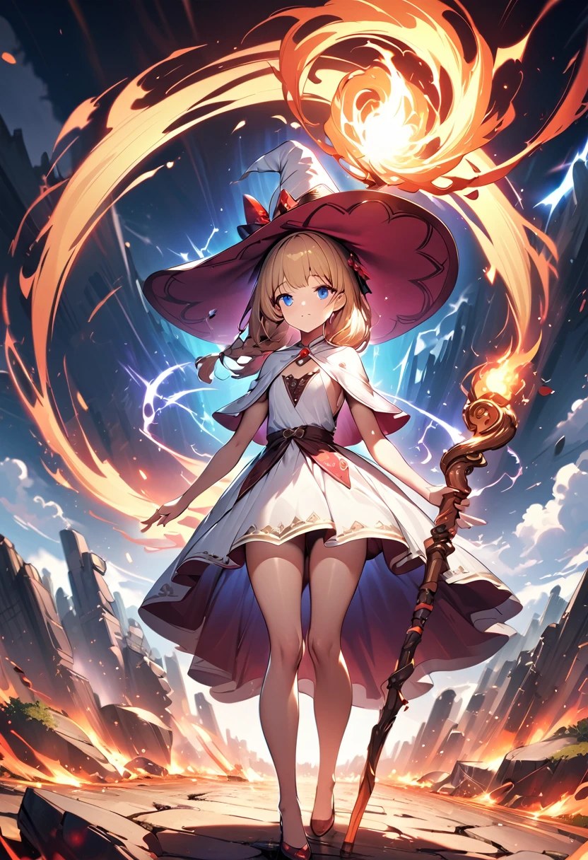 1 girl, trap, Blonde Hair, One-side long braid, blue eyes, flat chest, A short person, White robe, ,(Witch Hat）， （18 years old），Bare legs, Hot，Heatwave，flame，Fireball in hand，electrical arcs，Discharge of，Collapse，earthquake，The ground cracked，magic，Thunder holding the golden staff, Ancient battlefield background, Textured Skin, Ultra HD, Ultra HD, Ultra HD, Ultra HD, The award-winning, High Detail, Incredible high-key lighting and shadows, masterpiece, Incredible illustrations