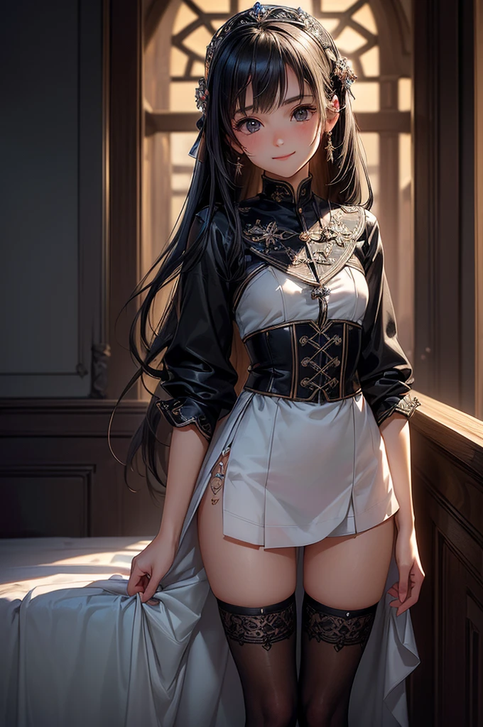 ((masterpiece, best quality, ultra-detailed, high resolution, extremely detailed CG, super detailed, Most beautiful clean lighting)), 1girl, small build, 10 years old, cute girl, pretty face, smile, white skin, Beautiful black long hair, black eyes, kawaii, full body, nsfw,