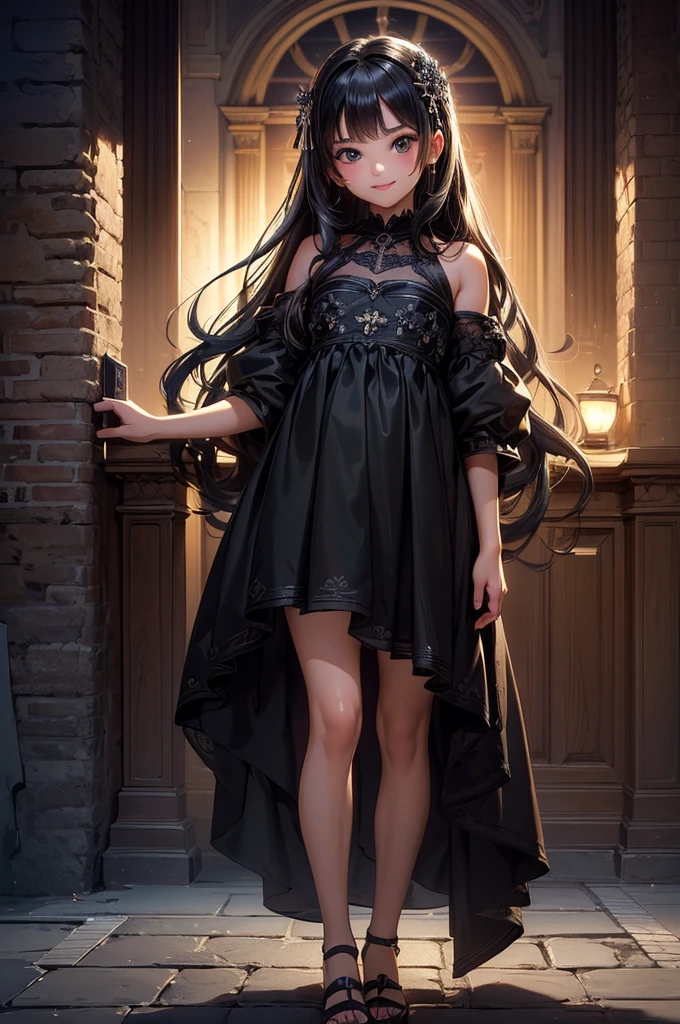 ((masterpiece, best quality, ultra-detailed, high resolution, extremely detailed CG, super detailed, Most beautiful clean lighting)), 1girl, small build, 10 years old, cute girl, pretty face, smile, white skin, Beautiful black long hair, black eyes, kawaii, full body, nsfw,