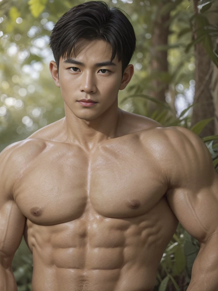 arafed handsome vietnamese male soldier, young boy, serious, confident, soft smile, detailed skin, pores, wearing nothing but sexy olive green thong, muscular!!!, bodybuilder physique, outdoors, military training grounds, dim lightings