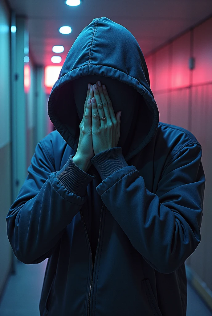 Nightmare、Hallucination、school,The hooded person covers their eyes , The space is distorted、colorful、dreamlike、The colors are so vibrant、The person's shadow is distorted ,Cover your mouth with your hand,The backdrop is a wasteland.