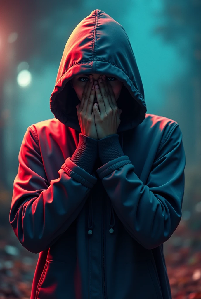 Nightmare、Hallucination、school,The hooded person covers their eyes , The space is distorted、colorful、dreamlike、The colors are so vibrant、The person's shadow is distorted ,Cover your mouth with your hand,The backdrop is a wasteland.