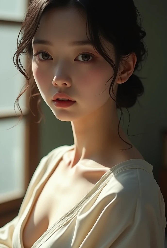 An elegantly dressed Japanese woman in natural light、A close-up of her chest and calm expression.、It shows her inner peace and outer charm.。