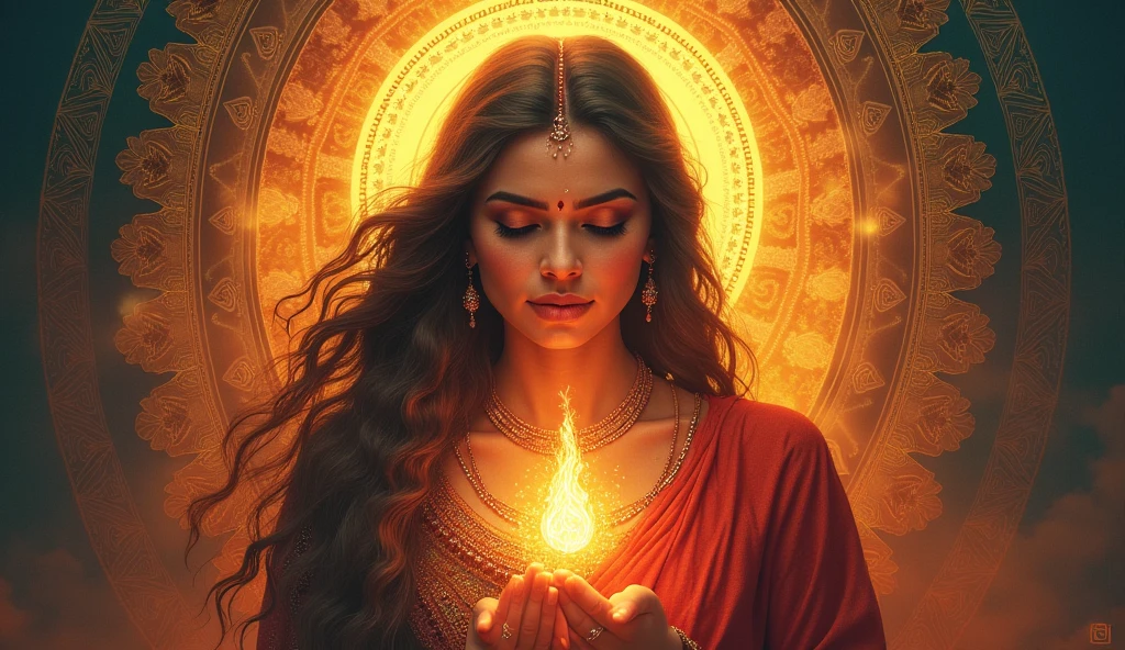 "Design a compelling thumbnail for 'जीण माता अमर कथा' that features two distinct yet connected visuals. On one side, place a serene and divine image of जीण माता, surrounded by a soft, golden aura, symbolizing her grace and power. On the other side, depict a touching scene of a brother and sister, highlighting their deep bond and affection, which is central to the story. The background should seamlessly blend traditional Rajasthani motifs and colors, giving a rich cultural context. Integrate the title 'जीण माता अमर कथा' in an elegant, traditional Rajasthani font, ensuring it's prominently visible and harmoniously placed within the design."