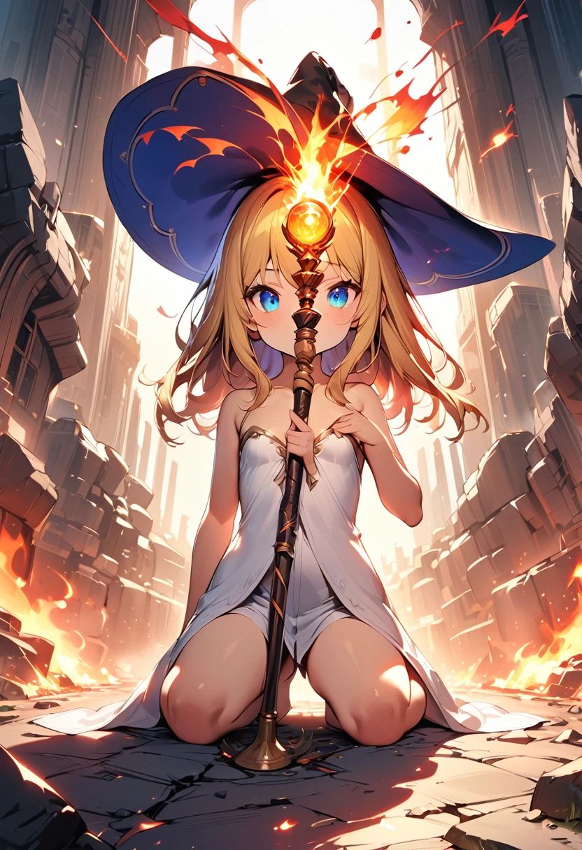 1 girl, trap, Blonde Hair, One-side long braid, blue eyes, flat chest, A short person, White robe, ,(Witch Hat）， （18 years old），Bare legs, Hot，Heatwave，flame，Fireball in hand，electrical arcs，Discharge of，Collapse，earthquake，The ground cracked，magic，Thunder holding the golden staff, Ancient battlefield background, Textured Skin, Ultra HD, Ultra HD, Ultra HD, Ultra HD, The award-winning, High Detail, Incredible high-key lighting and shadows, masterpiece, Incredible illustrations