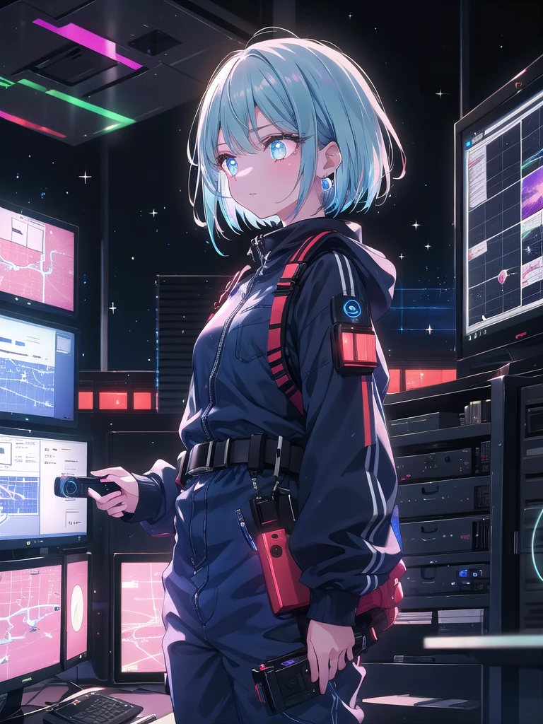 ((8k, Highest quality, masterpiece: 1.3)),Ultra-high resolution,(1 girl, alone), (Color changing eyes, Ultra-detailed, Expressive brilliance, Glitter, Glowing Eyes), Highly detailed eyes, Highly detailed face, Random Hair, ((pastel colour)),A sophisticated young woman with pastel blue hair styled in a sleek bob, dressed as a high-tech spy. She wears a form-fitting, dark blue jumpsuit with various gadgets attached to her belt, including a small communication device in her ear. The camera captures her from a front angle, standing in a high-tech control room filled with monitors and glowing interfaces. The setting is during a tense evening mission, with the screens displaying various maps and data. Her expression is calm and composed as she issues commands, her eyes focused on the task at hand.