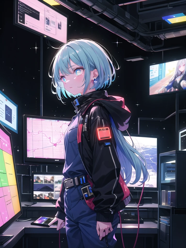 ((8k, Highest quality, masterpiece: 1.3)),Ultra-high resolution,(1 girl, alone), (Color changing eyes, Ultra-detailed, Expressive brilliance, Glitter, Glowing Eyes), Highly detailed eyes, Highly detailed face, Random Hair, ((pastel colour)),A sophisticated young woman with pastel blue hair styled in a sleek bob, dressed as a high-tech spy. She wears a form-fitting, dark blue jumpsuit with various gadgets attached to her belt, including a small communication device in her ear. The camera captures her from a front angle, standing in a high-tech control room filled with monitors and glowing interfaces. The setting is during a tense evening mission, with the screens displaying various maps and data. Her expression is calm and composed as she issues commands, her eyes focused on the task at hand.