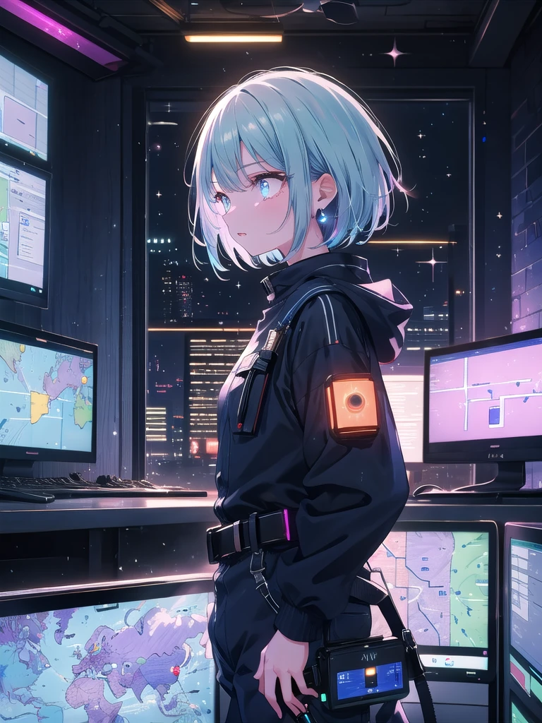 ((8k, Highest quality, masterpiece: 1.3)),Ultra-high resolution,(1 girl, alone), (Color changing eyes, Ultra-detailed, Expressive brilliance, Glitter, Glowing Eyes), Highly detailed eyes, Highly detailed face, Random Hair, ((pastel colour)),A sophisticated young woman with pastel blue hair styled in a sleek bob, dressed as a high-tech spy. She wears a form-fitting, dark blue jumpsuit with various gadgets attached to her belt, including a small communication device in her ear. The camera captures her from a front angle, standing in a high-tech control room filled with monitors and glowing interfaces. The setting is during a tense evening mission, with the screens displaying various maps and data. Her expression is calm and composed as she issues commands, her eyes focused on the task at hand.