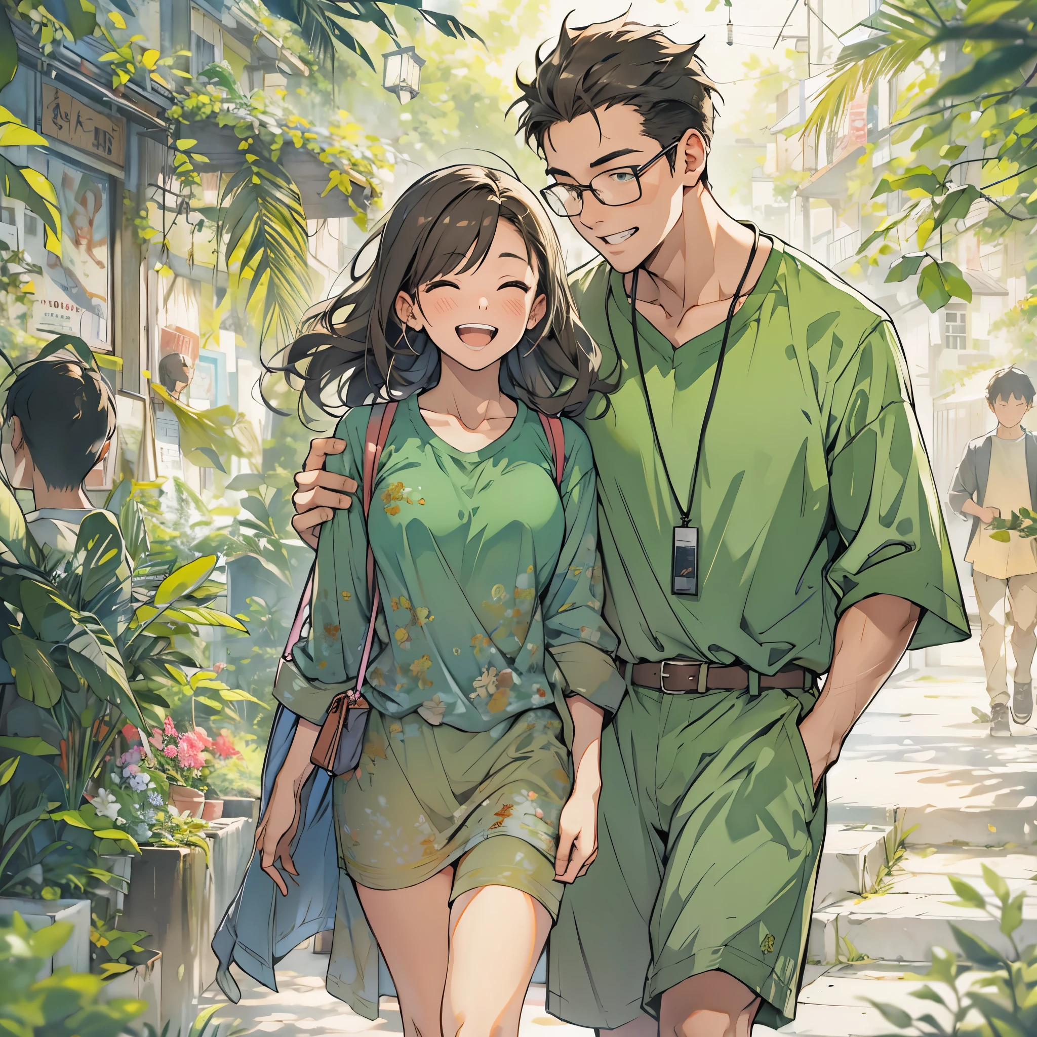 Inspired by the proponent of MBTI、A man and woman in green clothes who are embarrassed but happy。In a gentle atmosphere。