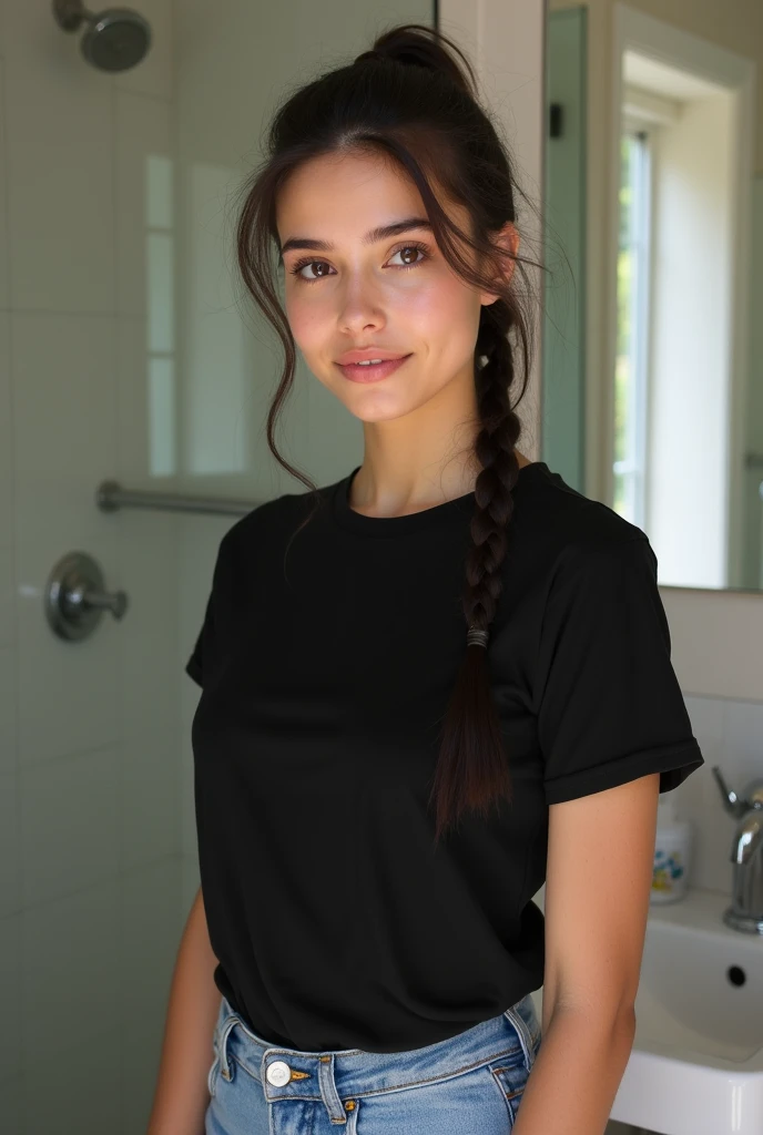 20 year old American girl wearing plain black tight tshirt and jeans hairstyle pony braids in bathroom 