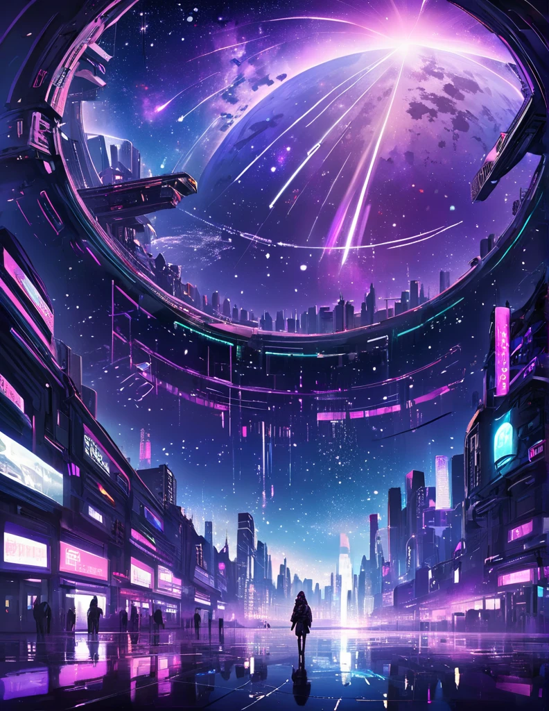 starry sky with the constellations of the zodiac, shades of purple as if they were nebulae, vast space, cyberpunk city at the bottom,