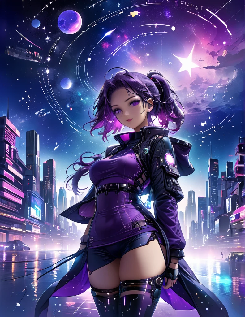 starry sky with the constellations of the zodiac, shades of purple as if they were nebulae, vast space, cyberpunk city at the bottom,