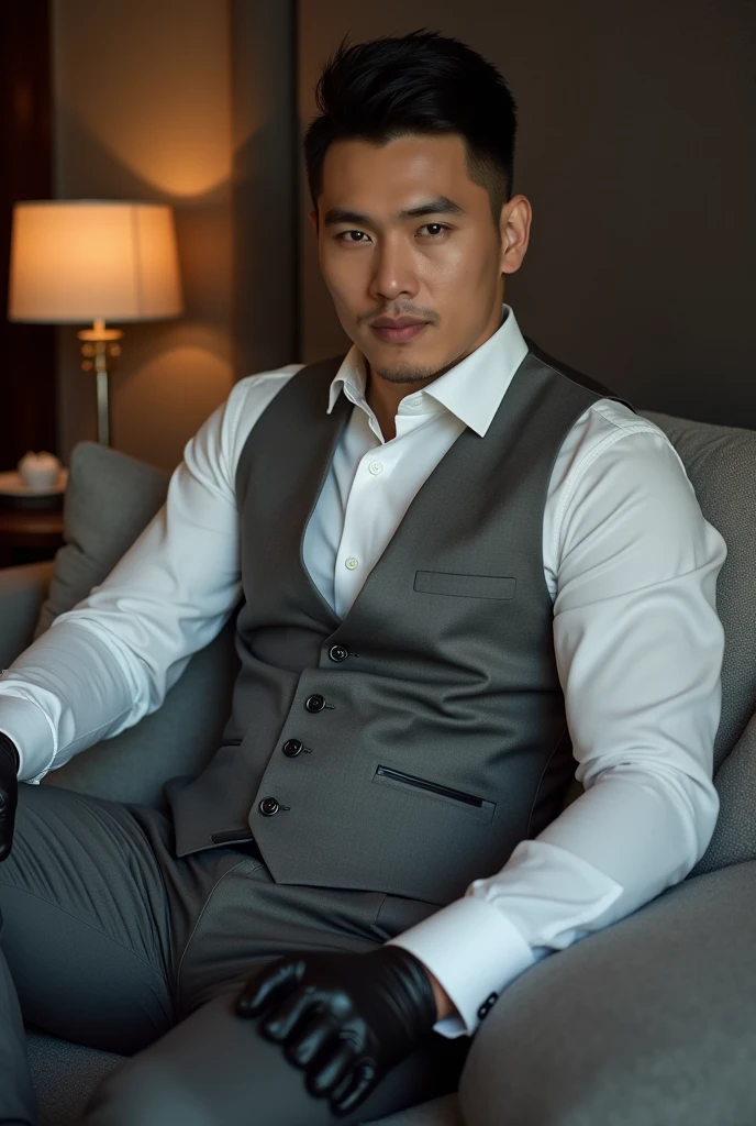 Chinese mam handsome 30 years old,daddy,"shiny grey suit ", wear white shirt, very shiny grey pants, very shiny grey waistcoat, Dad was drunk and lie down on the bed,k hd,in the office,"big muscle", gay ,black hair,asia face,masculine,strong man,the boss is,handsome,,leather gloves,lecherous dad,look straight ahead,dad is handsome,dad is handsome ,dad is "horny dad", open shirt, showing off his body, open vest,muscle vein,muscle tendon