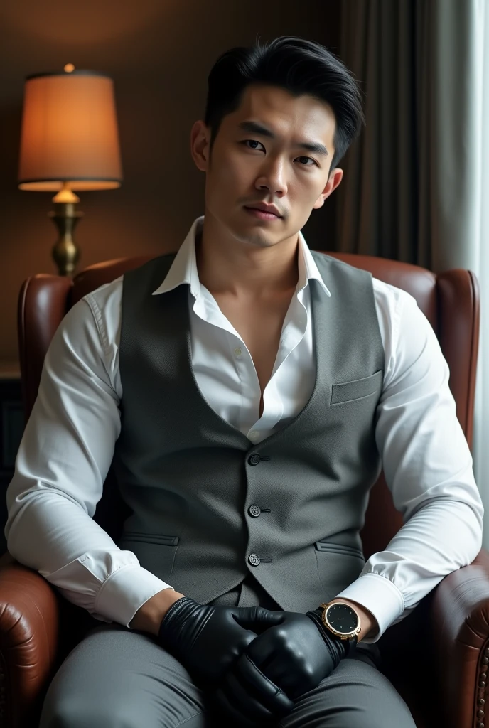Chinese mam handsome 30 years old,daddy,"shiny grey suit ", wear white shirt, very shiny grey pants, very shiny grey waistcoat, Dad was drunk and lie down on the bed,k hd,in the office,"big muscle", gay ,black hair,asia face,masculine,strong man,the boss is,handsome,,leather gloves,lecherous dad,look straight ahead,dad is handsome,dad is handsome ,dad is "horny dad", open shirt, showing off his body, open vest,muscle vein,muscle tendon