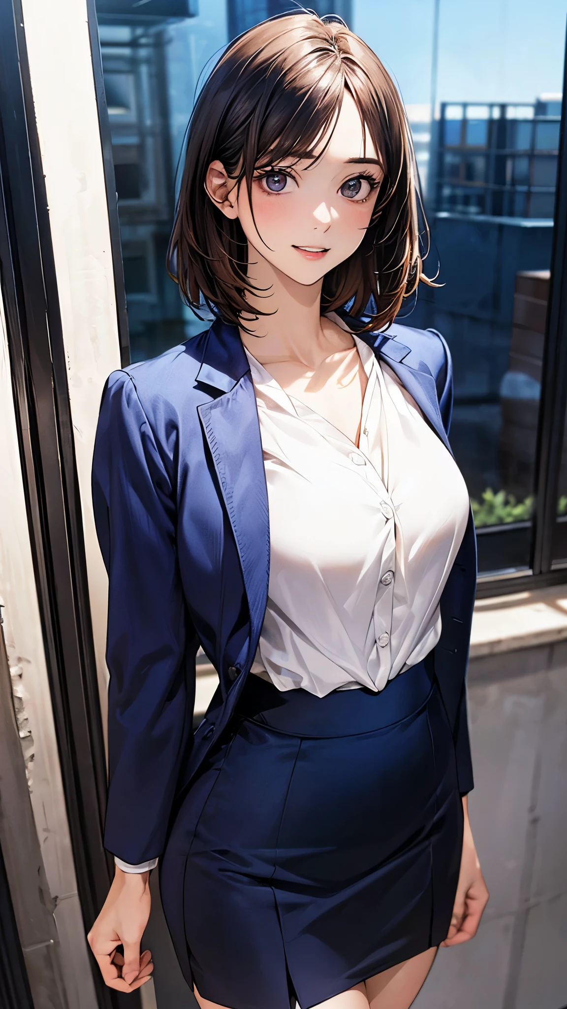 (masterpiece:1.2, top-quality), (realistic, photorealistic:1.4), beautiful illustration, (natural side lighting, movie lighting), depth of fields, ,
beautiful detailed hair, beautiful detailed face, beautiful detailed eyes, beautiful clavicle, beautiful body, beautiful chest, beautiful thigh, beautiful legs,
looking at viewer, 1 girl, 17 years old, (perfect anatomy, anatomically correct, super detailed skin), cute and symmetrical face, perfect face, perfect eyes,
(short hair:1.5, straight hair, dark brown hair), swept bangs, break brown eyes, big eyes, long eye lasher, (medium breasts, seductive thighs), perfect body, shiny skin, pink skin,
(light blue blouse, break navy tight skirt, (navy business suit jacket)),
(beautiful scenery), evening, (computer office:1.2), standing, (lovely smile, parted lips),