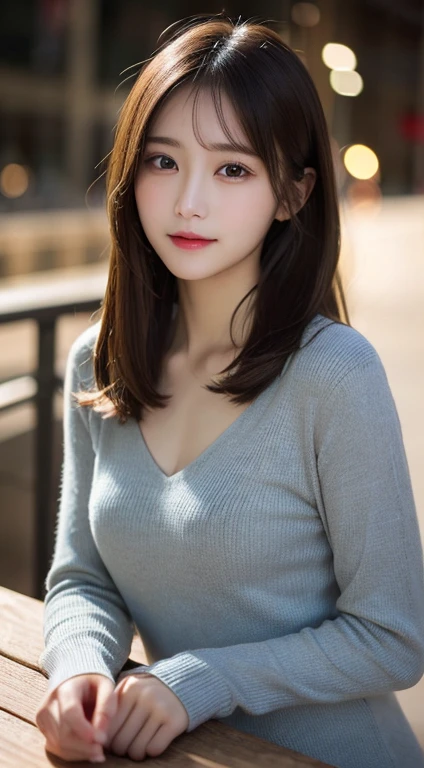 On the table, best quality, shape, Very detailed, Finely, high resolution, 8k wallpaper, 完璧なダイナミックな構shape, Beautiful and delicate eyes, Elegant winter wear,Medium Length Hair,Small chest natural lips, Bold and sexy pose,Smile、20 year old girl、Lovely、Sexy looking at the camera,night,Beautiful and delicate face,Elegant face,Perfect beautiful face,Slim your face and slim down,Open your arms、Background blur
