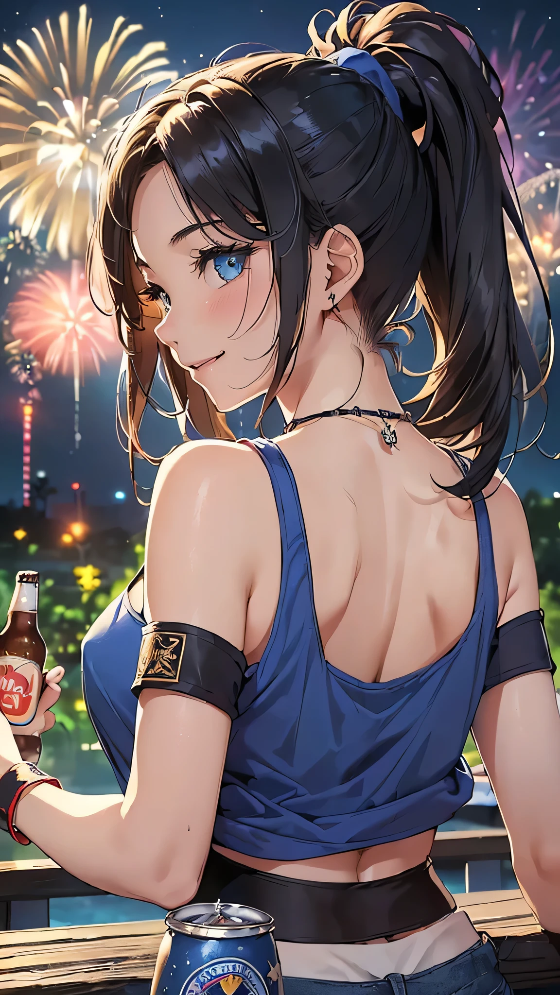 最high quality、Best image quality、masterpiece、With a girl((cute、20-year-old、Best Bust、Medium Bust、Beautiful Blue Eyes、Spread your chest wide,Black Hair、ponytail、Disheveled Hair、thin、Highest Valley、Blue Tank Top、Blue shorts、smile、Beer を持つ、Drunk、necklace、Wristband))high quality、Beautiful art、background((night、festival、stall、Fireworks、Beer )),Tabletop、Exquisite design、Visual Arts、Written boundary depth、Best lighting、Highest detail、8k