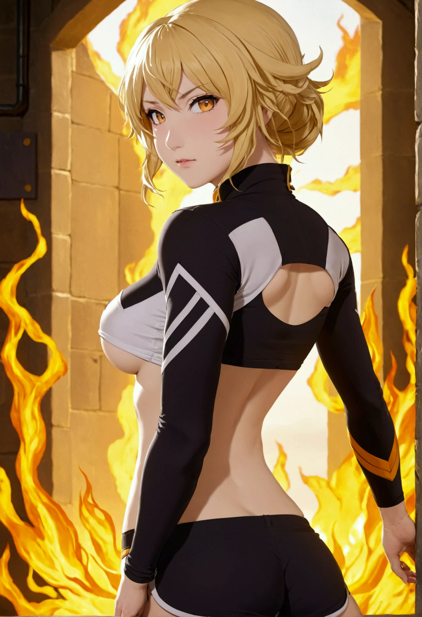 (promotional art), (Whole body), Yang Xiao Long of 'RWBY', aroused face, yellow hair, mystic fire all around, skin tight shorts, booty cheek shorts, 3/4 looking back pose, lean muscle, strong butt, ass cheek peaks out from shorts, underboob showing