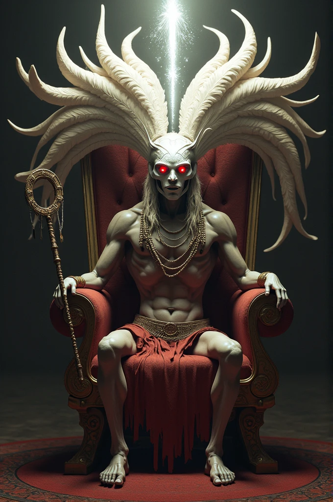 Face Ah Puch, the god of death. He will be sitting on his throne holding his scepter, at the top of this scepter, right in the middle a light emanates. He wears a large white mask adorned with large feathers and his eyes are large and red., Your body is thin and skeletal, and he only wears a skirt and some ornaments.