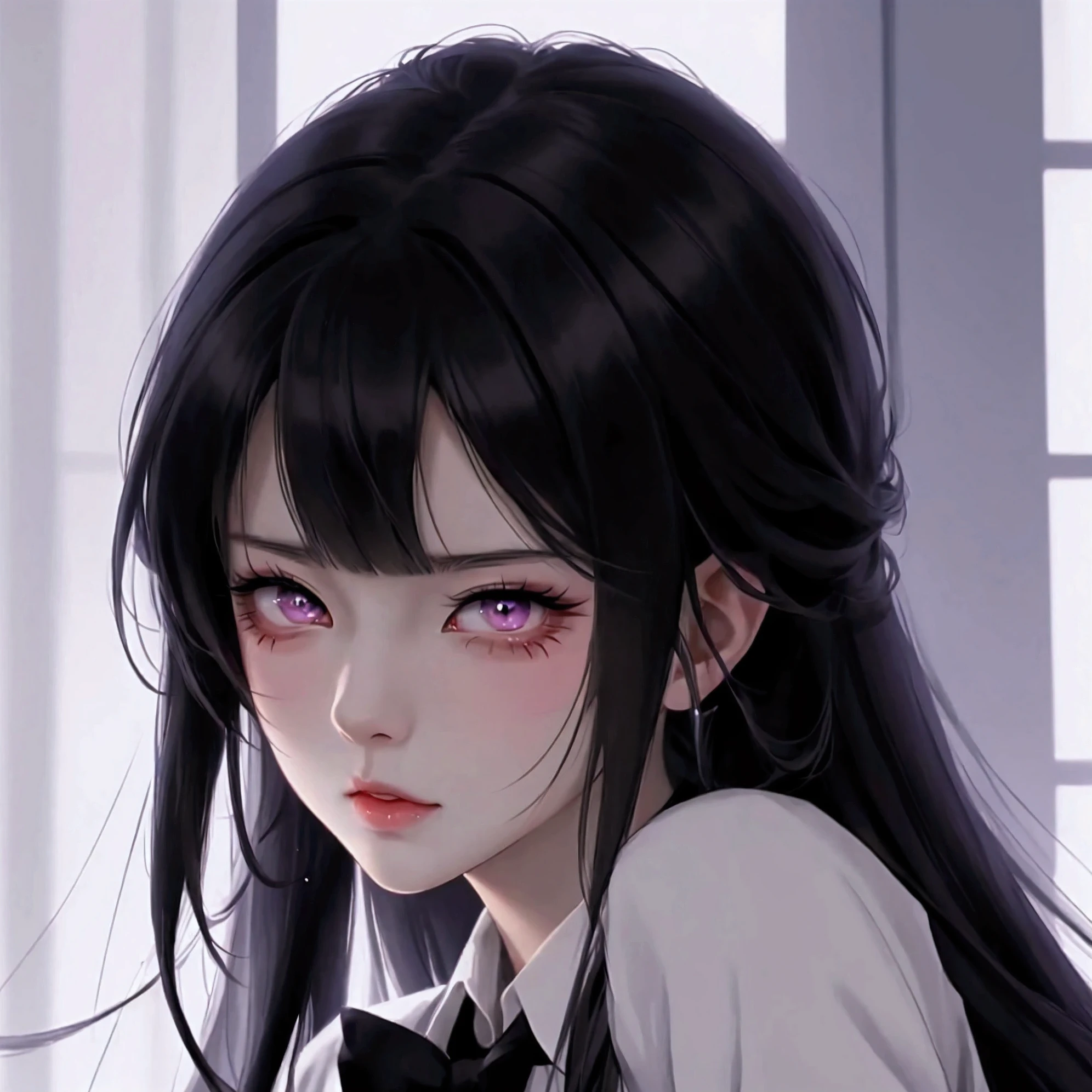 anime girl with black hair and black tie staring at camera, an anime drawing by Jin Homura, tumblr, vanitas, with huge luminous sad eyes, black anime pupils in her eyes, extremely cute anime girl face, cute anime face, perfect anime face, pretty anime face, & her expression is solemn, anime face, gapmoe yandere, noire, angry, anime, blending, backlighting, depth of field, drop shadow, high details, high quality, best quality, highres, 4K, masterpiece, accurate