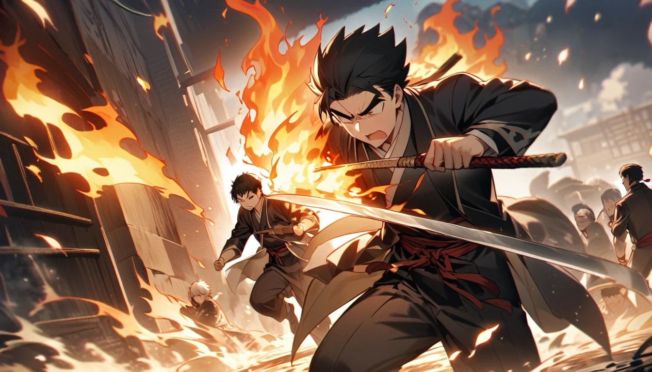 The scene where Ishikawa Goemon protects his son in the pot。Protect your son with your own body、A father facing hardship。Flames and heat are all around.、A tense scene。