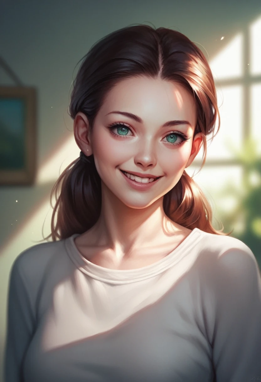 detailed anime painting, realistic, dramatic lighting, depth of field, by yogisya, by ask, 1girl, stubby gemstones as eyes, wide smile,
