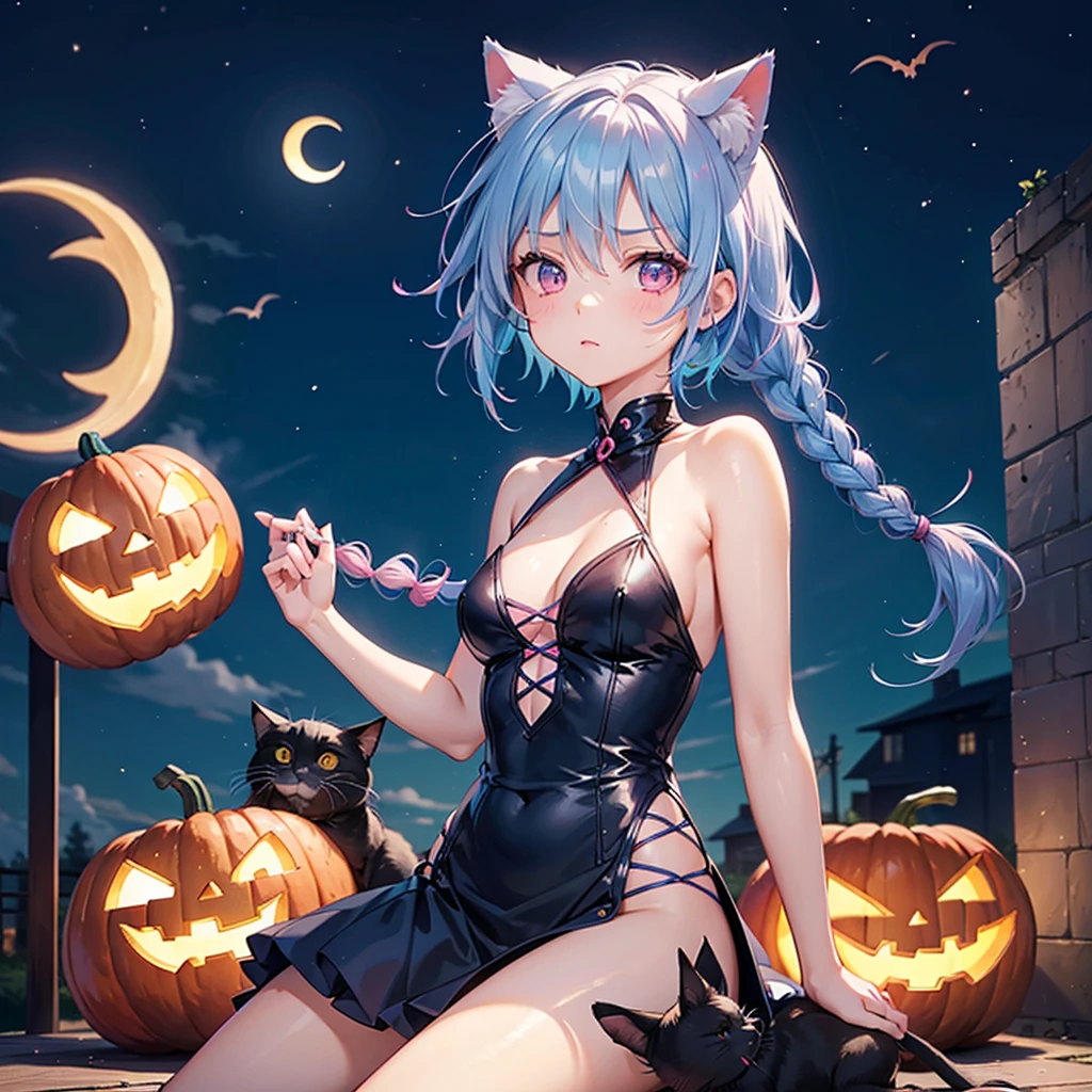 (Sky blue hair),(Braided short hair), (Pink Eyes),Fair skin) ,(whole body),(One Girl),(Crescent Moon),(There are lots of pumpkin ghosts in the background),Cat ear,Cat&#39;s Tail,(Sailor suit),(Ahegao),(Fall into Darkness),If you don't give me sweets, I'll play a prank on you.),Halloween Night Party),(masterpiece, Highest quality, Very detailed, Best Shadow), (Detailed Background), (Beautifully detailed face), High Contrast, (Best lighting, Very delicate and beautiful), ((Cinematic Light)), Hyper Detail,8k, Dramatic Light, Intricate details,night,(Bats flying in the background),Pumpkin handbag,There are sweets in the bag,